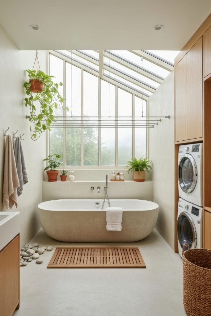Stylish Small Spaces: Bathroom Laundry Combo 23 Modern greenhouse-inspired bathroom with a freestanding tub, hanging plants, wood slat mat, and stacked washer and dryer integrated into tall cabinetry.