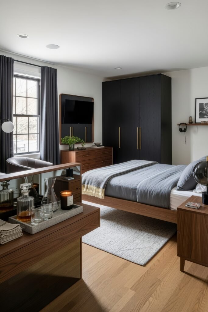 Effortlessly Stylish bedroom ideas for men That Feel Personal 24 Contemporary bedroom featuring dark wood cabinetry with gold handles, gray bedding, and a mirrored bar tray, combining function and masculine elegance.