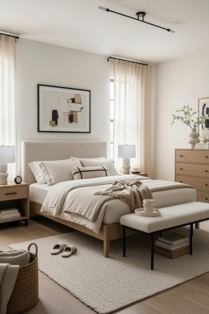 Modern neutral bedroom with a textured headboard, layered bedding, light wood furniture, and abstract wall art for a calming look.