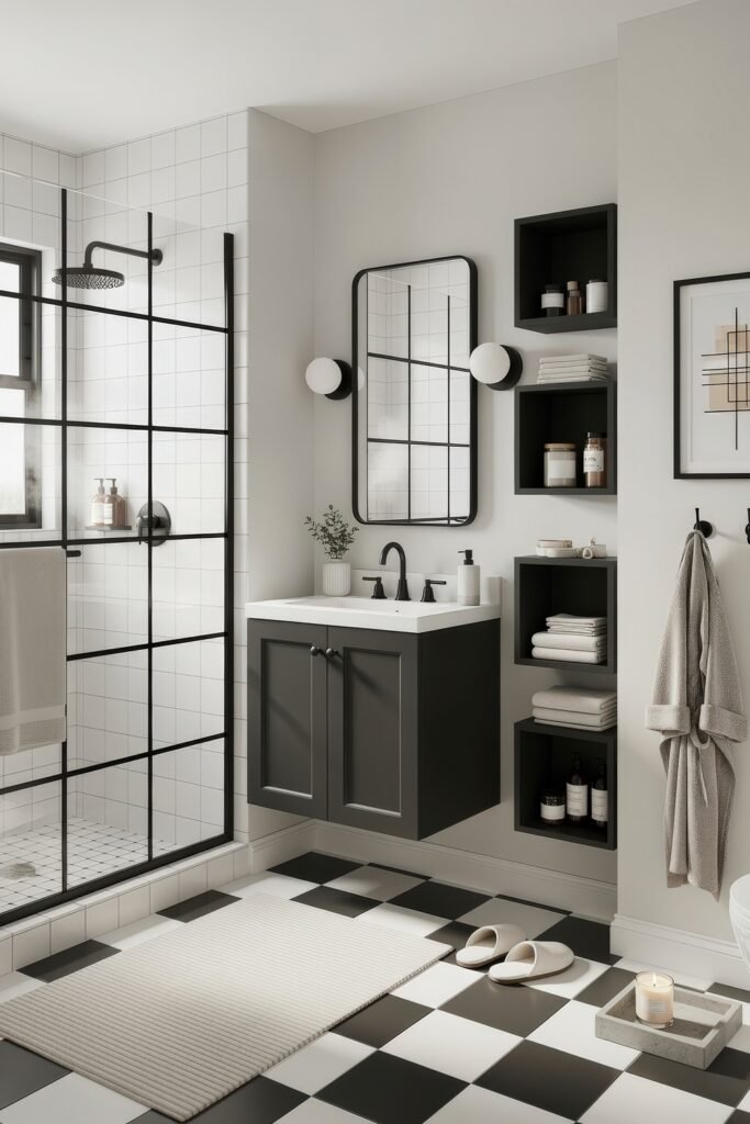 Fresh Ideas for Black and White Bathroom Decor 25 Modern bathroom design with a checkered tile floor, black-framed shower glass, floating vanity, and built-in shelving, blending structured geometry with soft textiles.