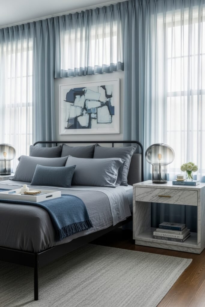 Fresh blue bedroom ideas for a calm, chic retreat 27 Minimalist bedroom with gray bedding, black bed frame, blue throw, marble nightstands, and abstract artwork under soft sheer curtains.