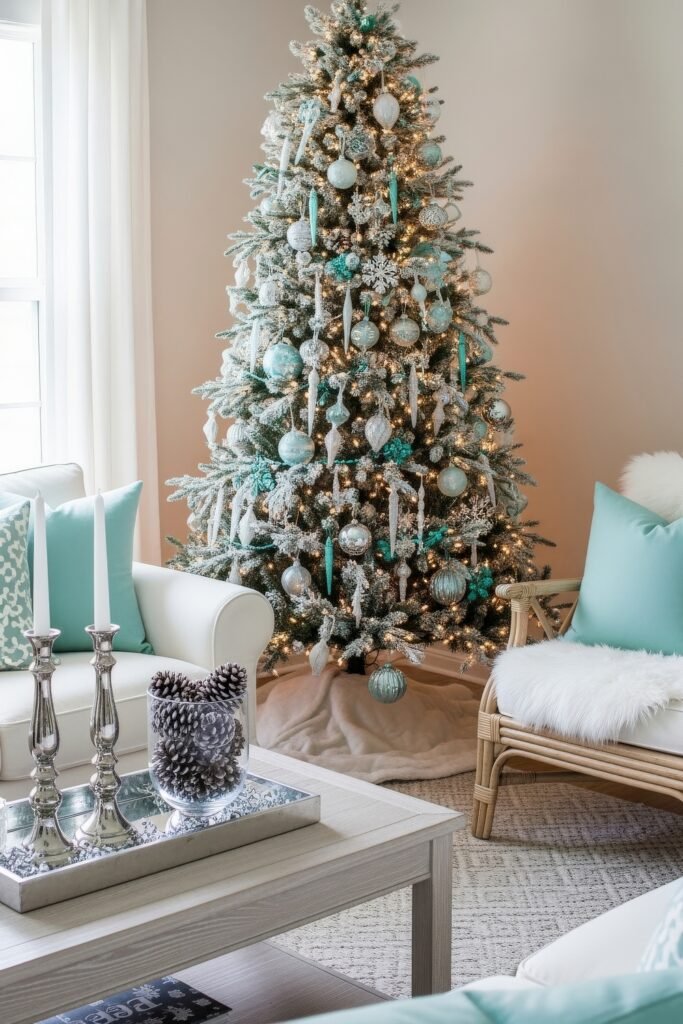 Cozy Holiday Magic With Blue Christmas Décor 25 Living room with a frosted Christmas tree trimmed in turquoise and silver ornaments, complemented by white seating, mint pillows, and silver candleholders for a fresh blue Christmas décor.