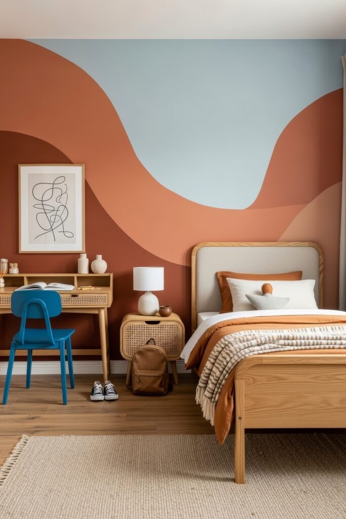 Breezy, Stylish Boys Bedroom Ideas for Modern Families 26 Warm and contemporary boys bedroom featuring a bold wave mural, light wood furniture, striped bedding in earthy tones, and a blue desk chair for a balanced mix of style and function.