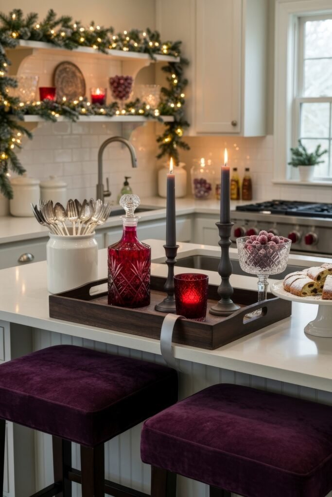 Cozy Ways to Style a Christmas Kitchen That Feels Magical 21 Elegant kitchen decorated with garland and warm string lights, featuring a tray with red glassware, black candlesticks, and sugared cranberries, alongside crystal dishes and holiday treats.