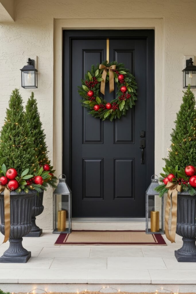 Cozy Entry Magic for christmas porch décor 23 Black door with a wreath of red berries, magnolia leaves, and ornaments, framed by two evergreen topiaries decorated with red apples and gold bows, with lanterns at the base.