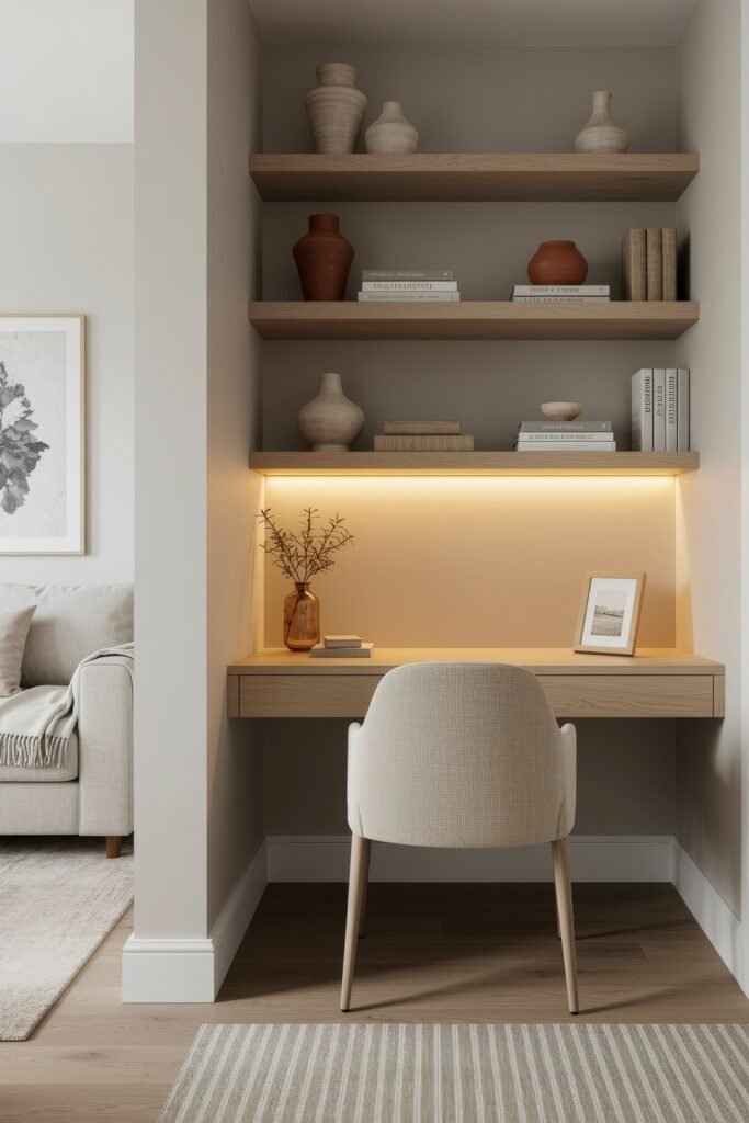 Closet Office (Cloffice) Ideas For A Chic, Calm Workspace 26 Small home office nook with floating desk, open shelves, warm under-shelf lighting, and simple neutral styling.