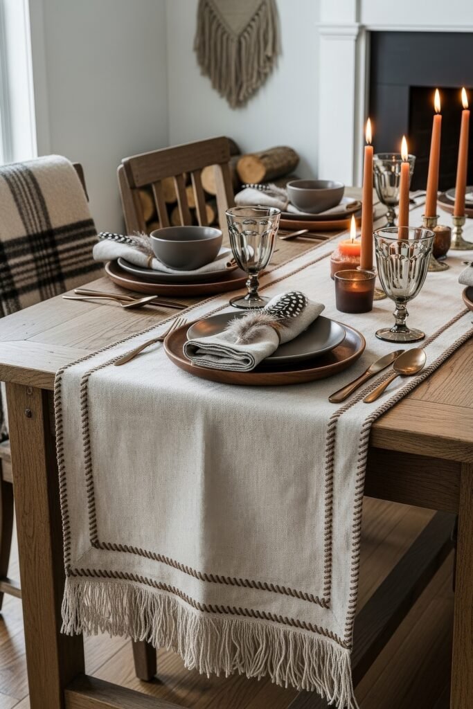 Modern, Cozy Ideas for Fall Thanksgiving Décor 25 A farmhouse dining table styled with tan candles, feather napkins, and layered stoneware on fringed linens for rustic Thanksgiving décor.