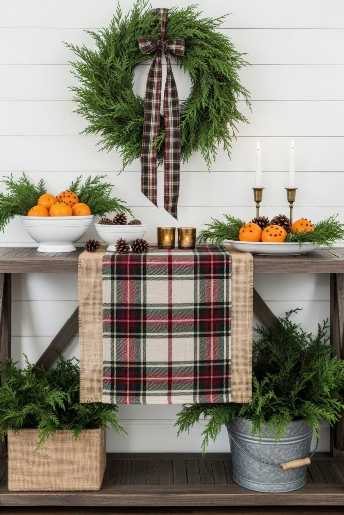 Cozy Ways to Style Farmhouse Christmas Décor 23 Rustic console decorated with a plaid runner, fresh greenery, oranges studded with cloves, pinecones, and a wreath with a plaid ribbon bow.