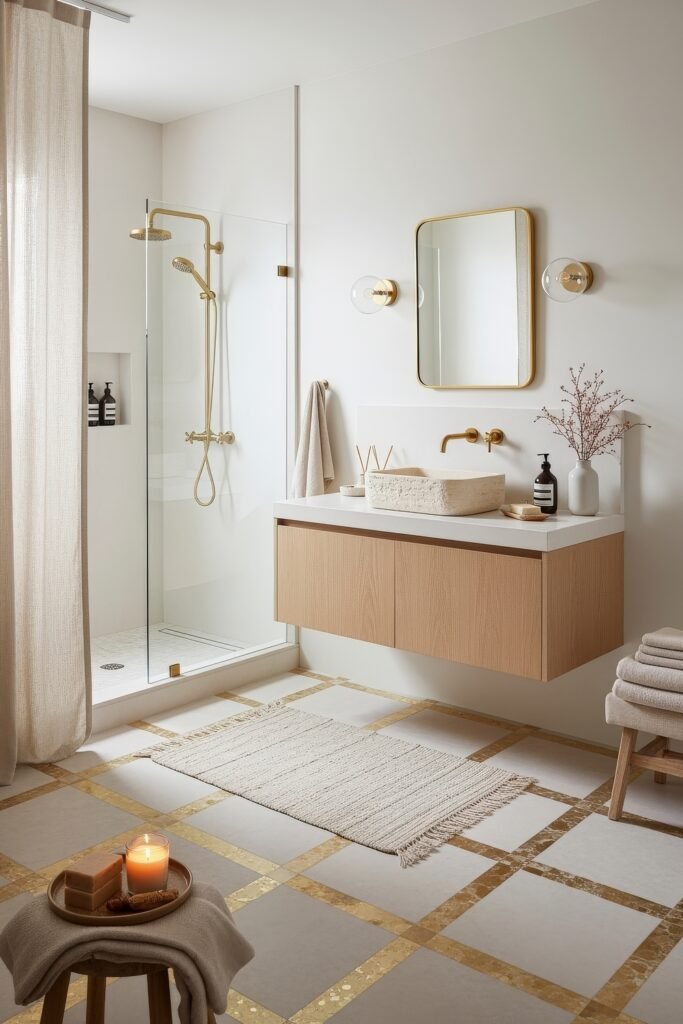 Bathroom Decor Inspo: Fresh Ideas for gold bathroom decor 25 Minimalist bathroom with floating wood vanity, stone vessel sink, gold fixtures, and geometric flooring with subtle gold detailing.