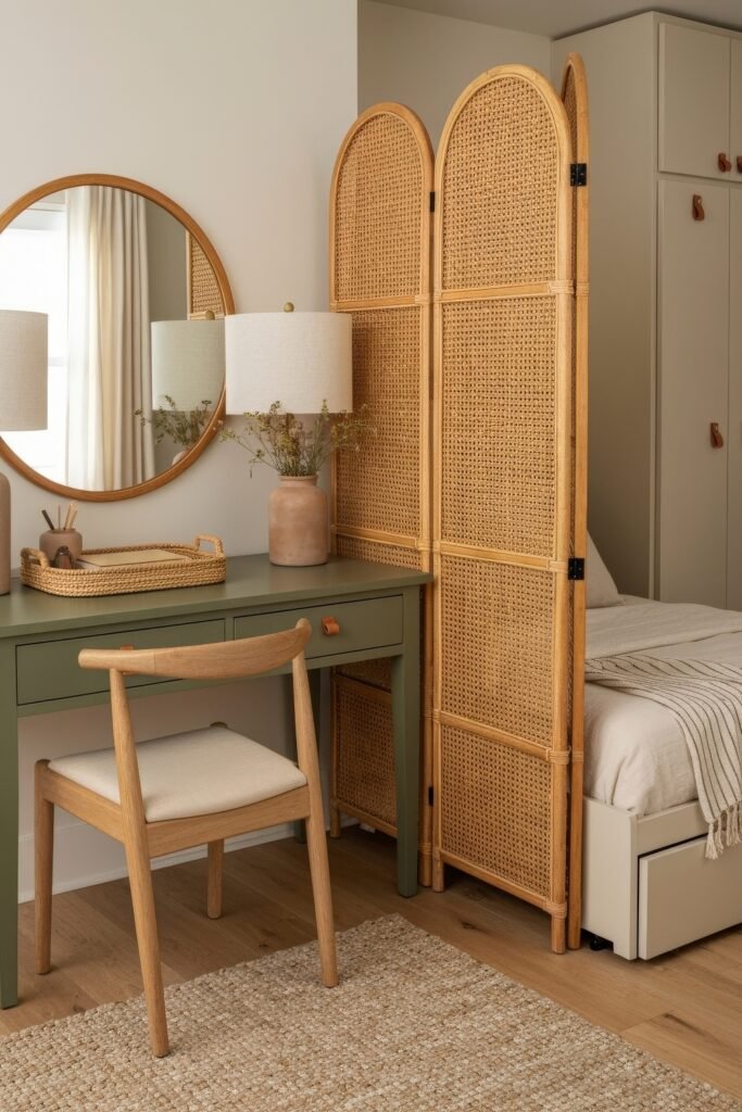 Clever Ways to Style a Home Office Guest Room Combo 24 Warm and functional combo space with a cane folding screen beside a bed, complemented by a green desk, round mirror, and simple wooden chair.