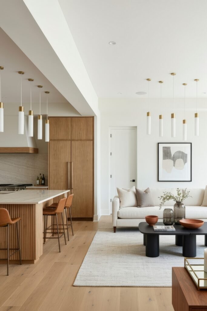 Smart Ways to Style a Kitchen and Living Room Combo 26 Sophisticated open-concept kitchen and living room combo with ribbed wood cabinetry, a fluted island, sleek pendant lighting, and a clean palette of neutrals and soft modern decor.