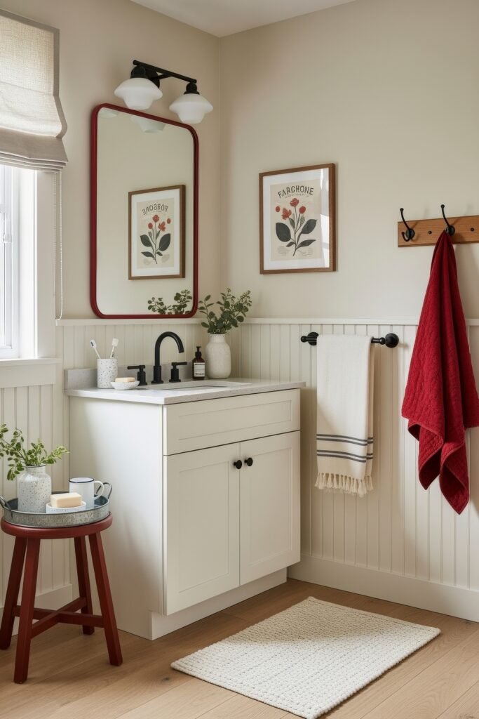 13 Bold Ideas for Red Bathroom Decor That Wow 26 Cozy bathroom with cottage-style white vanity, red-framed mirror, and red towel accents, styled with botanical wall art and natural touches.