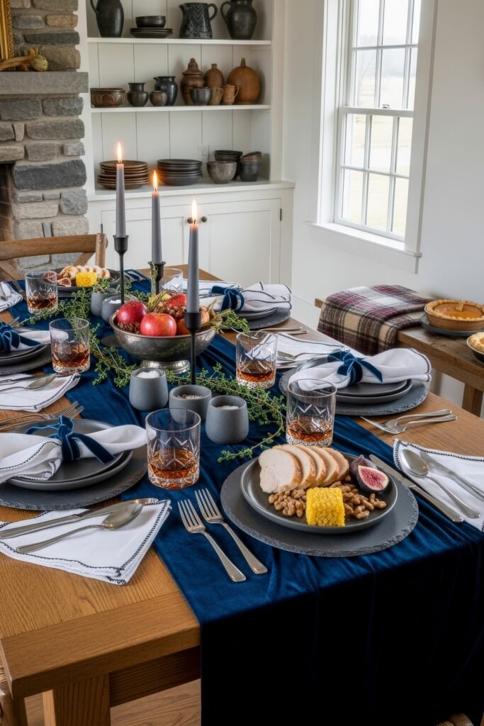 Fresh Ways to Style Blue Thanksgiving Table Décor 22 Elegant blue thanksgiving table décor with a navy velvet runner, black candles, pomegranates, figs, turkey slices, and corn served on gray plates.