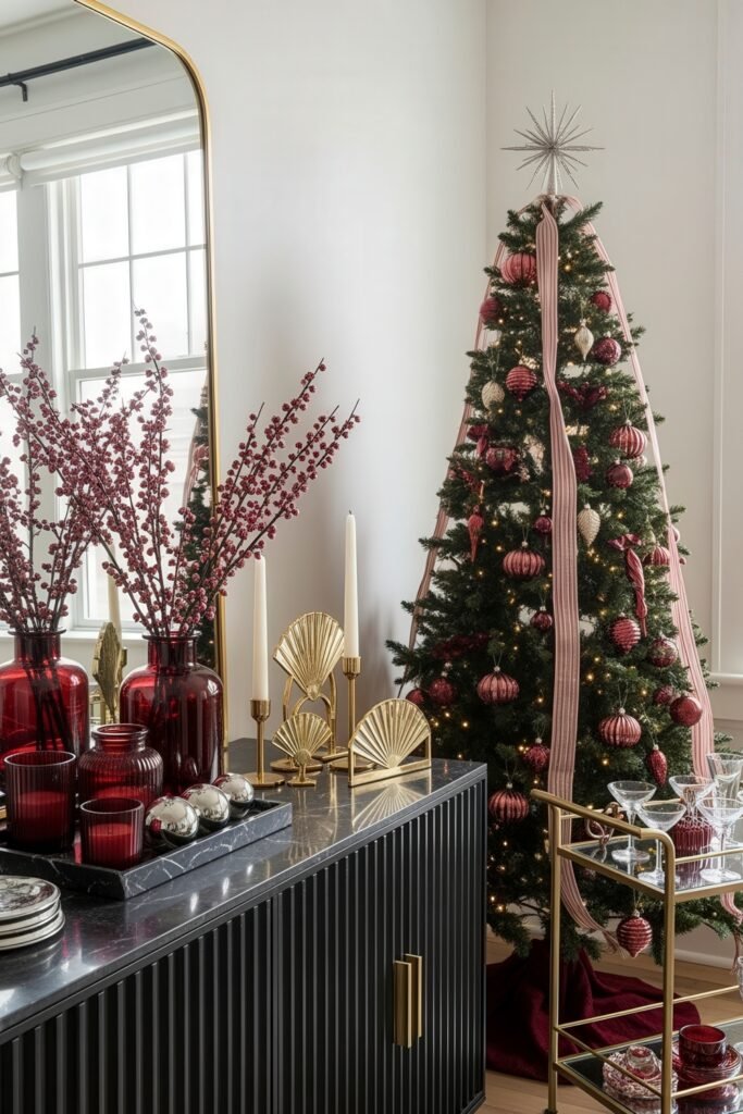 Cozy-Luxe Ideas for Burgundy Christmas Decor 24 Elegant holiday vignette with a black cabinet, red glass vases, gold candleholders, and a Christmas tree trimmed in burgundy and pink ornaments.