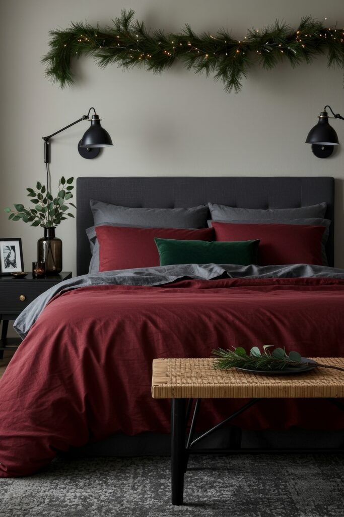 Elevate Your Bedroom with Cozy Christmas Bedding 25 Bed styled with red and charcoal gray bedding, green accent pillow, and garland with twinkle lights, creating modern cozy Christmas décor.