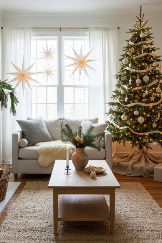 Cozy, Modern Magic for Your christmas living room 24 A warm living room with a glowing Christmas tree wrapped in white ribbon, paper star lanterns hanging in the window, and a simple coffee table with natural decor.