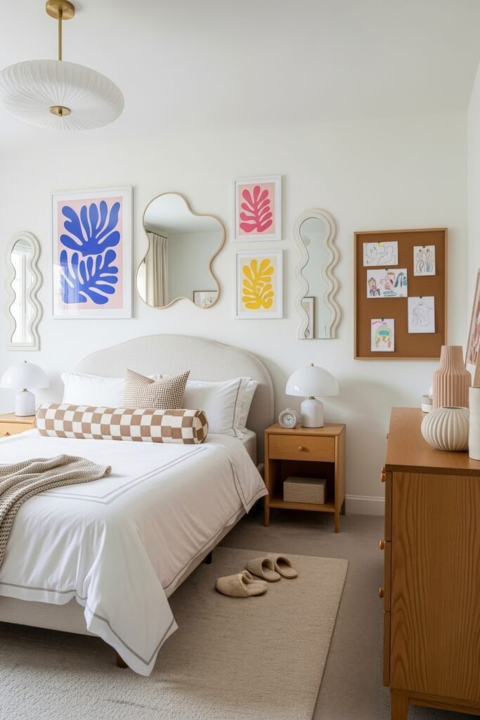 Fresh girls bedroom ideas for a stylish, cozy escape 26 Modern bedroom with minimalist white bedding, wavy mirrors, bold colorful artwork, and natural wood furniture.