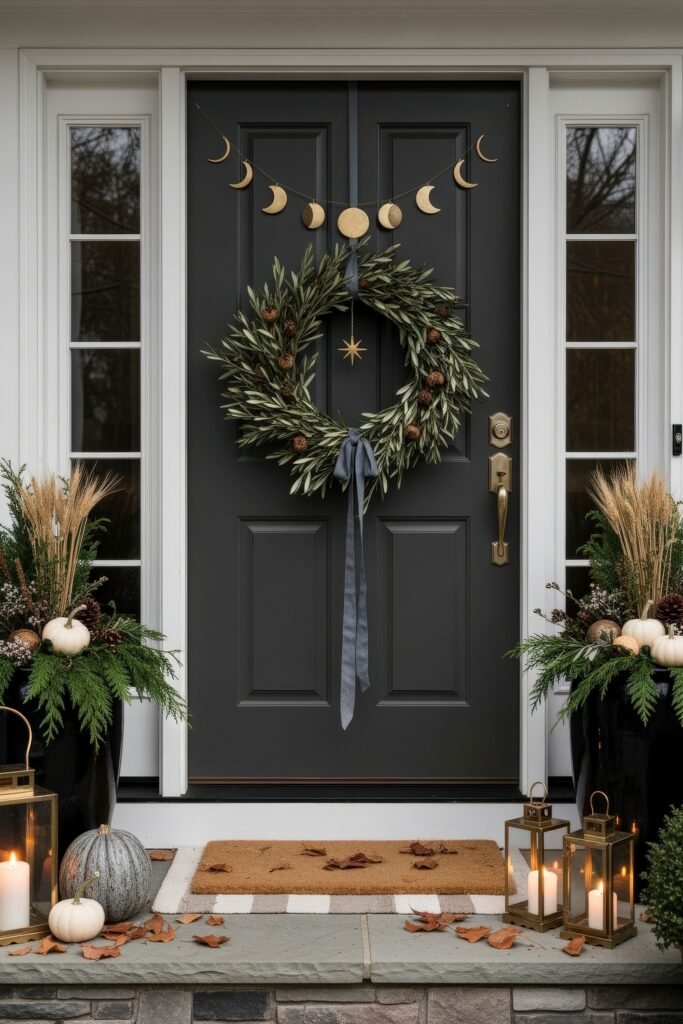 Warm, Modern Thanksgiving Door Decorations to Welcome Fall 18 Gray front door with an olive branch wreath tied with ribbon and star ornament, accented by a golden moon phase garland, flanked by ferns, pumpkins, and lanterns.