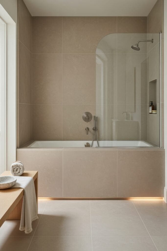 Fresh, Stylish Ways To Elevate Your Tub Shower Combo 23 Minimalist bathroom with a taupe tiled tub shower combo, brushed nickel fixtures, clear glass screen, built-in shelf niche, and a light wood bench with rolled towel.