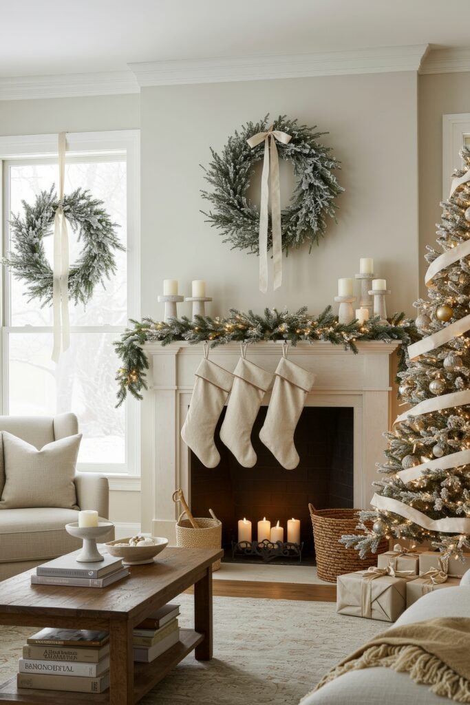 Cozy living room with a Christmas tree decorated in neutral ornaments and ribbon, a mantel with frosted greenery and glowing candles, and stockings hung beneath snowy wreaths.