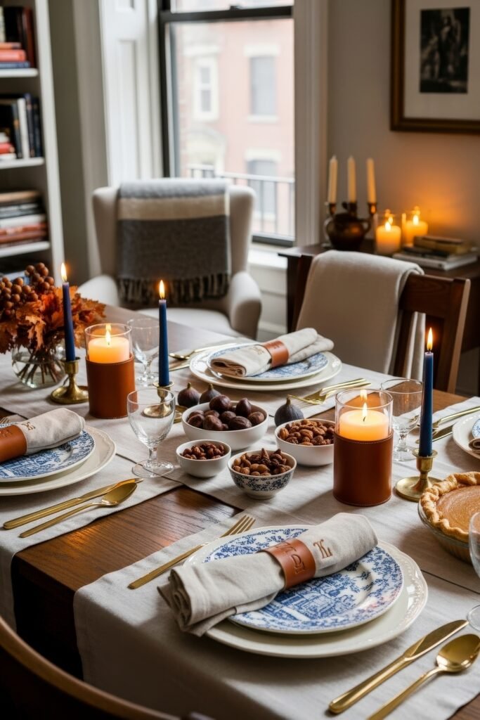 Fresh Ways to Style Blue Thanksgiving Table Décor 23 Warm fall table with blue candles, patterned plates, leather napkin rings, and bowls of nuts and figs surrounded by candlelight.