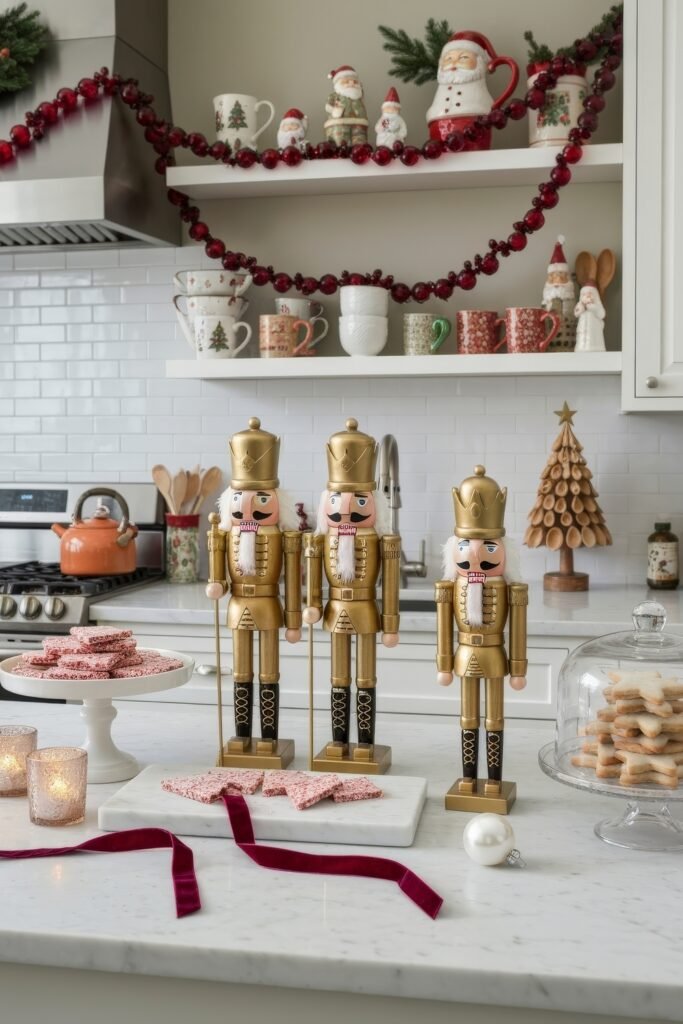Cozy Ways to Style a Christmas Kitchen That Feels Magical 22 Playful Christmas kitchen scene with golden nutcrackers, red garlands, peppermint bark, and festive mugs on open shelving, accented by glowing candles and seasonal treats.
