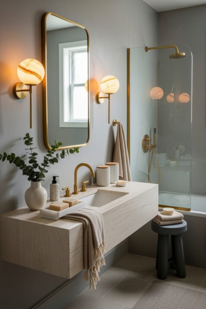 Bathroom Decor Inspo: Fresh Ideas for gold bathroom decor 26 Modern bathroom with a floating stone vanity, tall mirror, gold fixtures, and glowing onyx wall sconces enhancing soft gray walls.