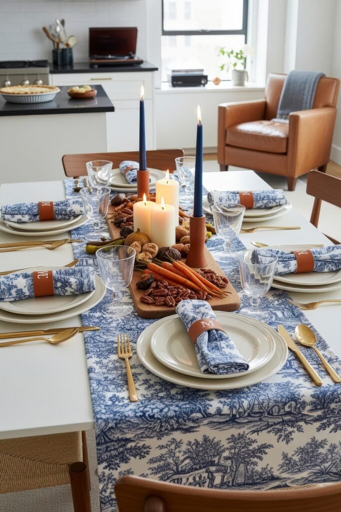 Fresh Ways to Style Blue Thanksgiving Table Décor 24 Festive table with blue-and-white toile linens, leather napkin rings, blue candles, and a wooden board filled with carrots, figs, dates, and pecans.