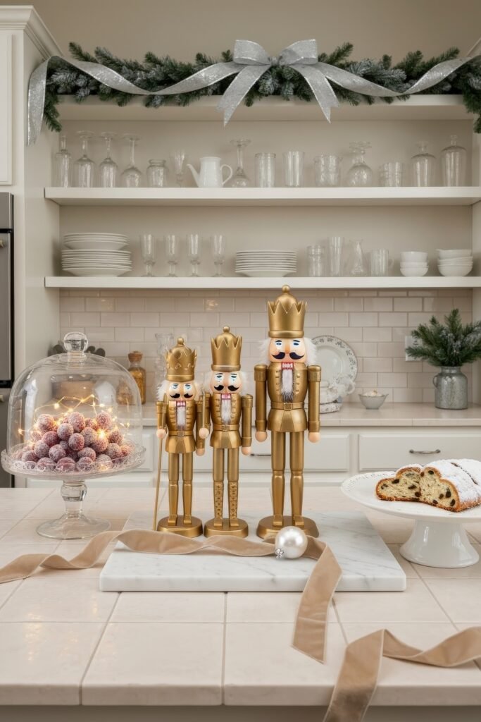 Cozy Ways to Style a Christmas Kitchen That Feels Magical 23 Refined holiday kitchen with silver-ribboned garland, clear glassware on open shelves, a trio of gold nutcrackers, and a centerpiece of sugared cranberries and powdered stollen.