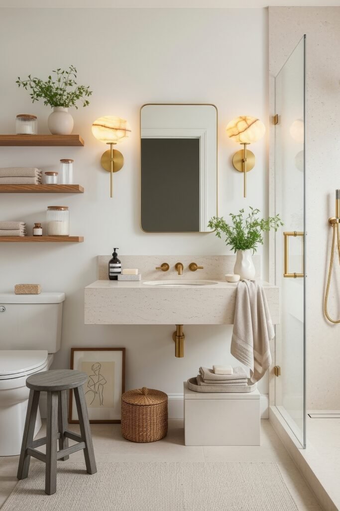 Bathroom Decor Inspo: Fresh Ideas for gold bathroom decor 27 Bright bathroom with floating vanity, built-in shelving, gold bathroom decor, and warm lighting balanced by fresh greenery.