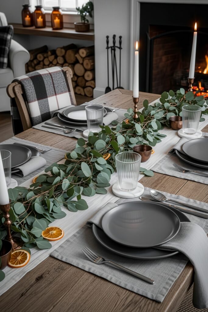 Modern, Cozy Ideas for Fall Thanksgiving Décor 26 A dining table centerpiece featuring eucalyptus greenery, dried orange slices, and white candles paired with gray dinnerware for a fresh Thanksgiving décor.