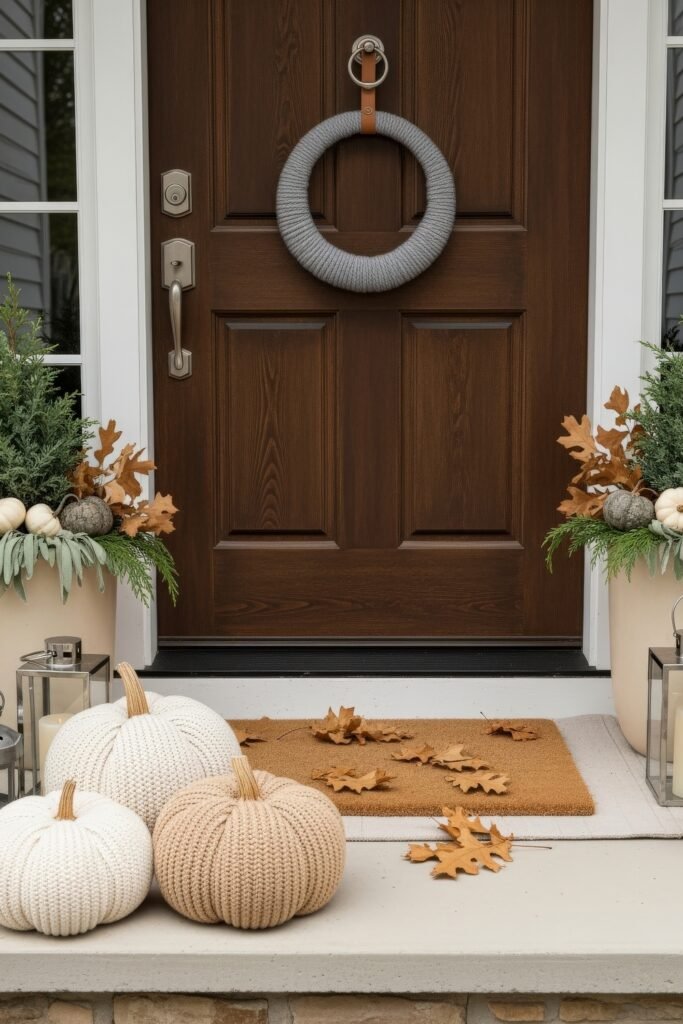 Warm, Modern Thanksgiving Door Decorations to Welcome Fall 19 Brown door decorated with a simple gray yarn wreath and ribbon, paired with knitted pumpkins, lanterns, and planters of greenery with acorns and oak leaves.