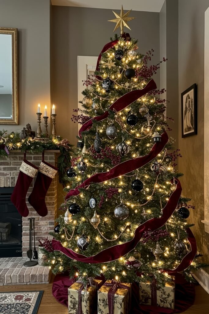 Cozy, Collected Magic With Vintage Christmas Decor Ideas 25 Christmas tree decorated in black, silver, and burgundy with metallic ornaments, velvet ribbon, and glowing lights beside a fireplace with stockings for cozy Christmas décor.