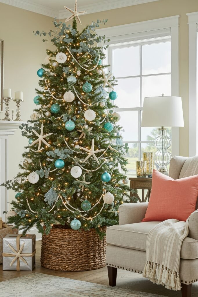 Cozy, Collected Magic With Vintage Christmas Decor Ideas 26 Beach-inspired Christmas tree with turquoise and white ornaments, pearls, and starfish, set beside a cozy chair with coral pillow for a coastal cozy Christmas décor look.