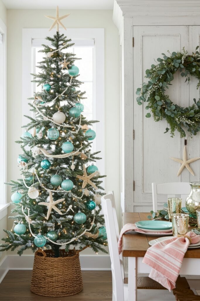 Cozy, Collected Magic With Vintage Christmas Decor Ideas 27 Slim Christmas tree with turquoise ornaments, pearls, and starfish decorations placed in a woven basket beside a dining table, styled in coastal vintage Christmas décor ideas.