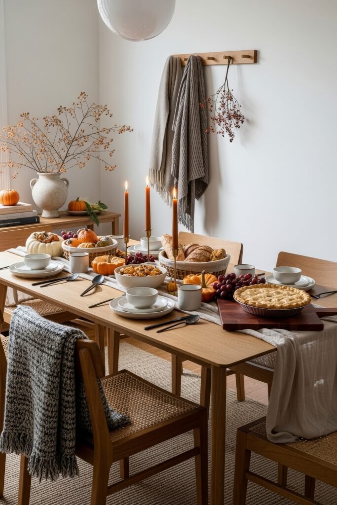 Modern, Cozy Ideas for Fall Thanksgiving Décor 27 A dining table filled with pumpkins, breads, grapes, salads, and pie, surrounded by candles and rustic accents for a festive Thanksgiving feast décor.