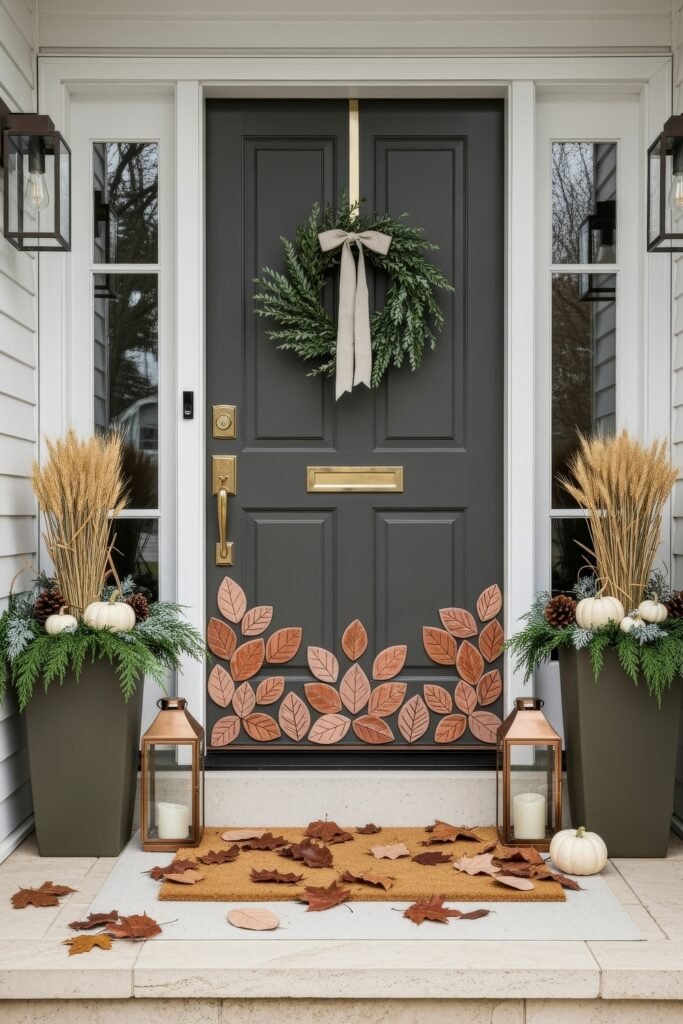 Warm, Modern Thanksgiving Door Decorations to Welcome Fall 20 Dark door with a greenery wreath tied with linen ribbon, framed by terracotta leaf accents, lanterns, pumpkins, wheat, and pinecones for a refined Thanksgiving Décor entry.