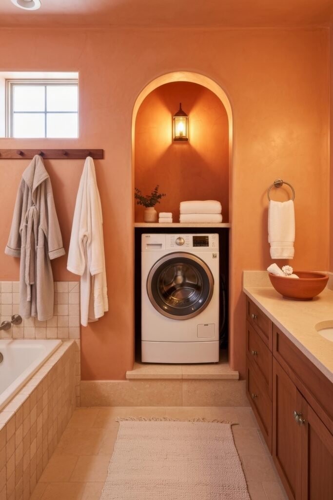 Stylish Small Spaces: Bathroom Laundry Combo 3 Warm terracotta bathroom featuring an alcove with a washing machine, folded towels, and a glowing lantern above, next to a tiled bathtub.