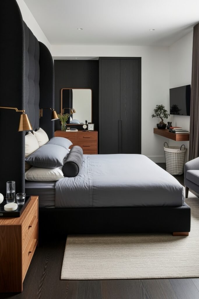 Effortlessly Stylish bedroom ideas for men That Feel Personal 4 Contemporary bedroom with a tall, tufted black headboard, brass sconces, sleek furniture, and soft gray tones for a polished, masculine look.