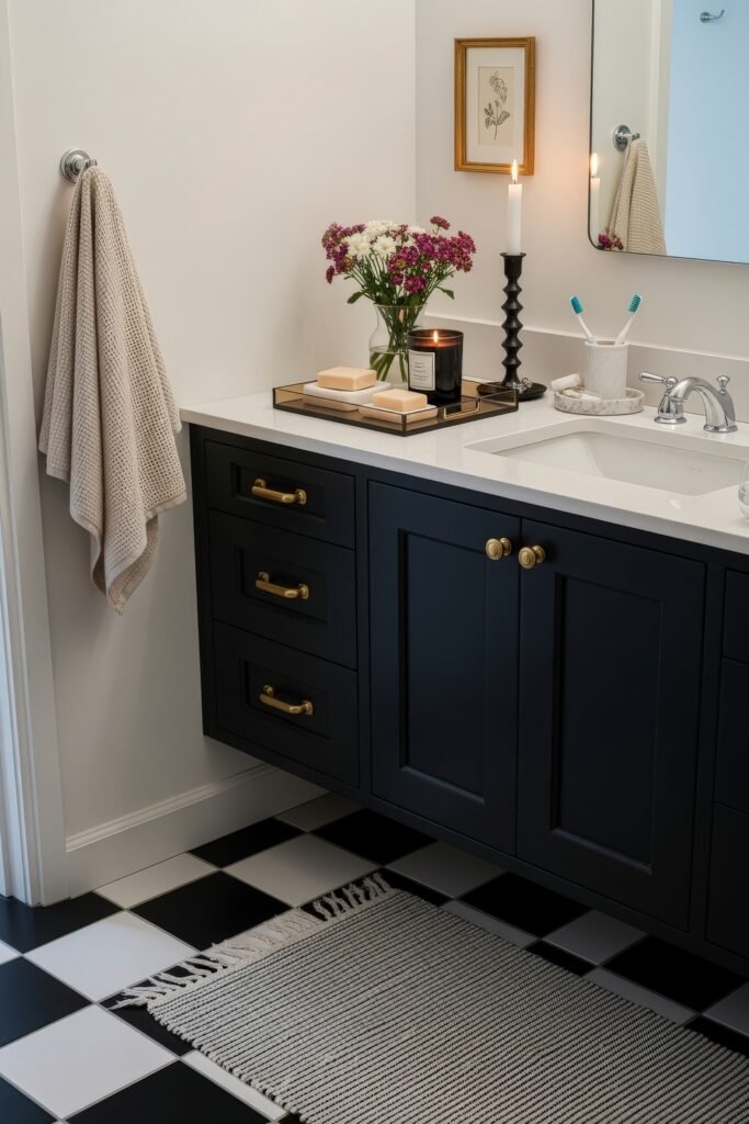 Fresh Ideas for Black and White Bathroom Decor 4 Chic bathroom corner with a black vanity, gold hardware, checkered black-and-white flooring, and decorative touches including flowers, a lit candle, and neatly arranged soaps.