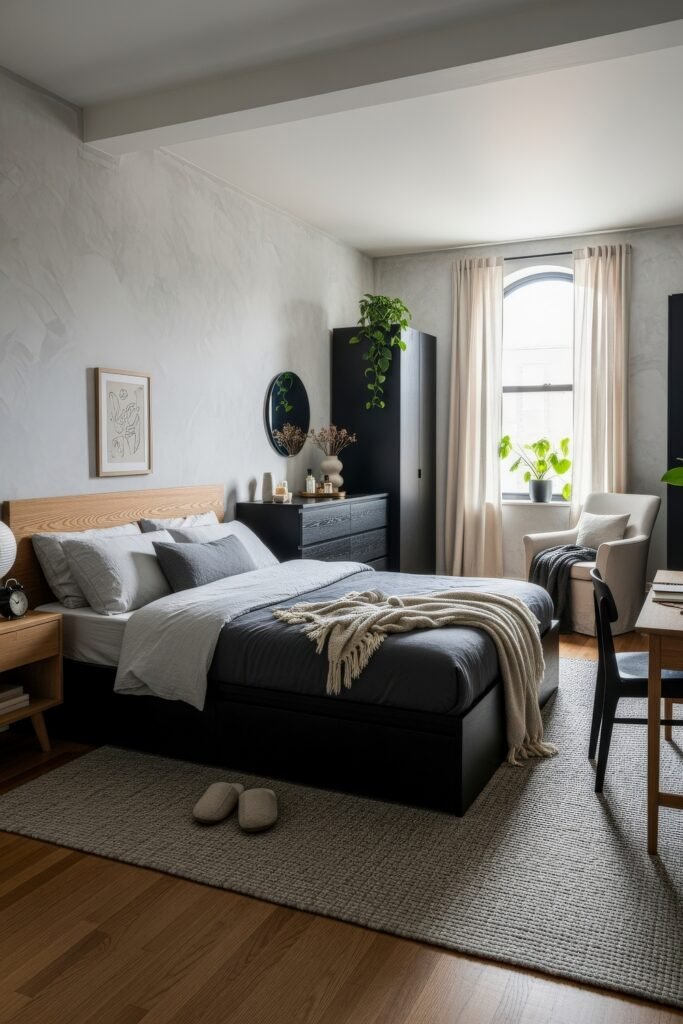 Cozy bedroom with a natural wood bed frame, dark bedding, black dressers, and indoor plants near a tall arched window with light curtains.