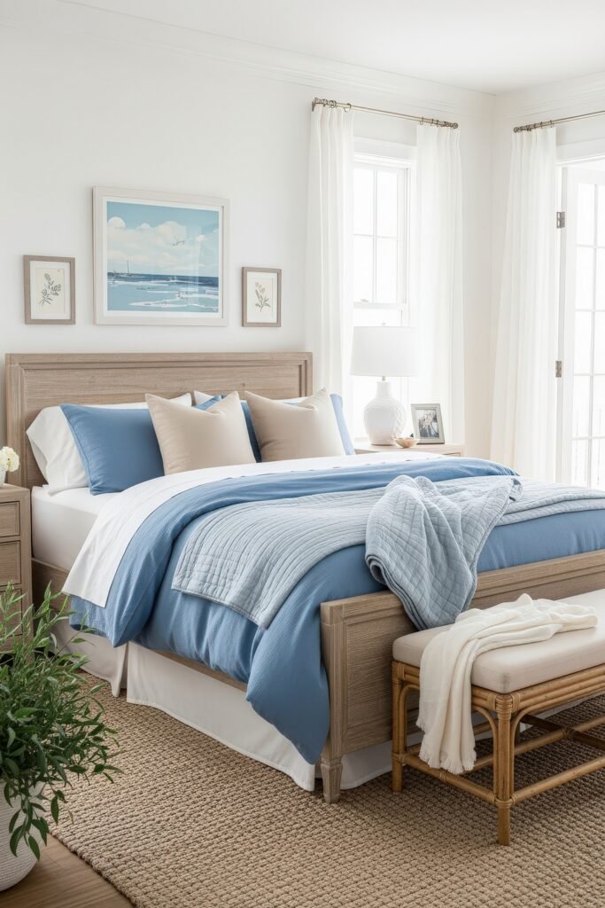 Fresh blue bedroom ideas for a calm, chic retreat 4 Bright bedroom with light wood furniture, soft blue bedding, beige accent pillows, and large windows with sheer white curtains.