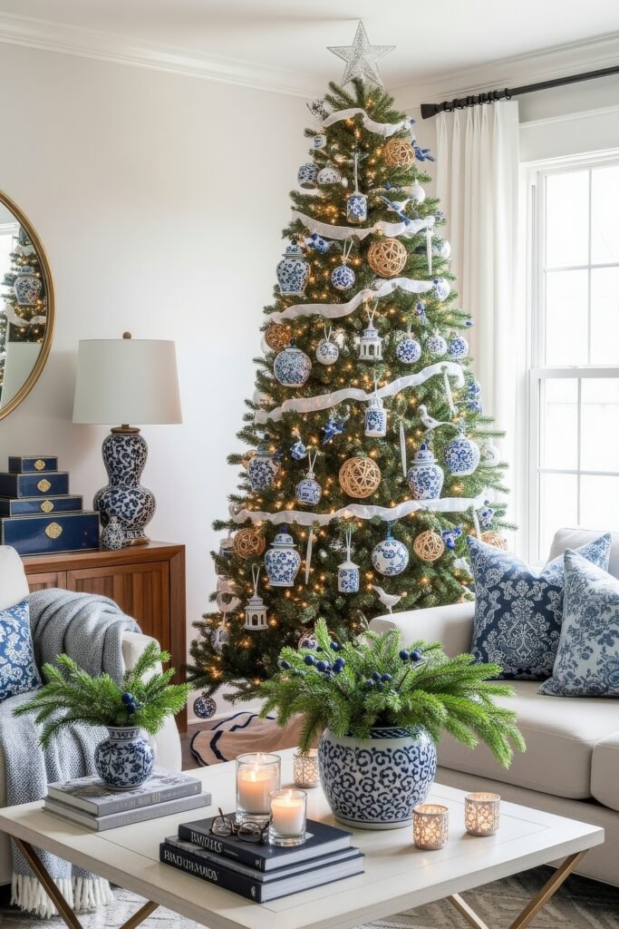 Cozy Holiday Magic With Blue Christmas Décor 4 Tall Christmas tree adorned with blue and white ornaments, woven accents, and glowing lights, surrounded by matching patterned pillows and vases for a refined blue Christmas décor.