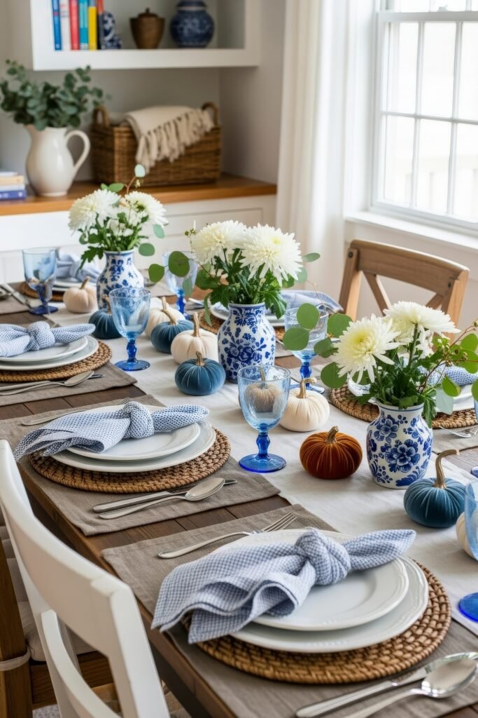 Fresh Ways to Style Blue Thanksgiving Table Décor 4 Blue thanksgiving table décor with white flowers in patterned vases, velvet pumpkins in blue and rust tones, and woven placemats.