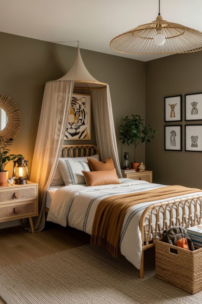 Breezy, Stylish Boys Bedroom Ideas for Modern Families 3 Safari-inspired bedroom with earthy tones, rattan furniture, a tiger art print behind the bed, and cozy lighting that gives the space a warm and adventurous feel.