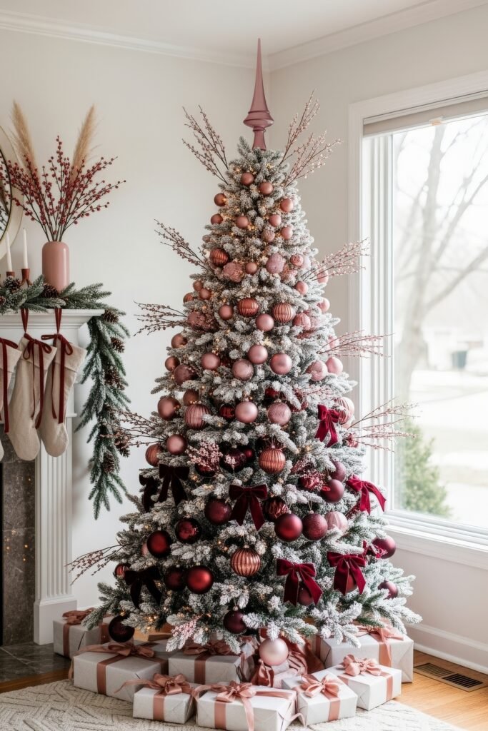 Cozy-Luxe Ideas for Burgundy Christmas Decor 3 Frosted Christmas tree adorned with burgundy and blush ornaments, surrounded by wrapped gifts and soft seasonal accents.