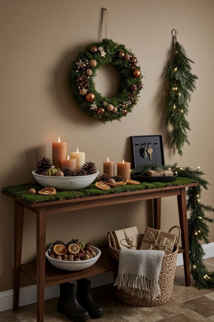 Cozy Christmas Décor for a christmas entryway 4 A cozy Christmas Décor display with a moss-topped table holding candles, pinecones, and dried orange slices, beneath a wreath and garland on the wall.
