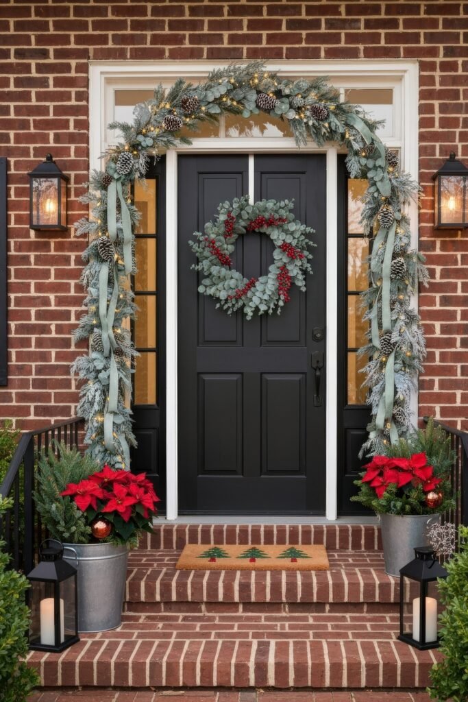 Cozy Entry Magic for christmas porch décor 4 Brick entryway with black double doors, pine garland with pinecones and ribbon, eucalyptus wreath with berries, poinsettias, and lanterns with candles.