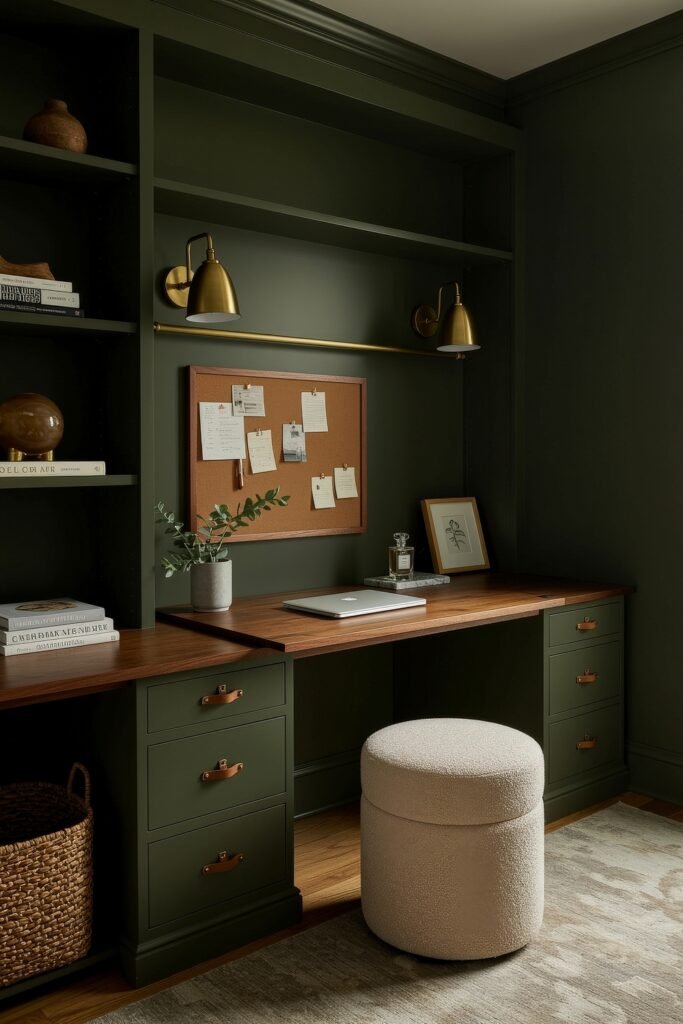 Closet Office (Cloffice) Ideas For A Chic, Calm Workspace 4 Deep green built-in desk with wood countertop, brass sconces, and a corkboard for an elegant work-from-home nook.