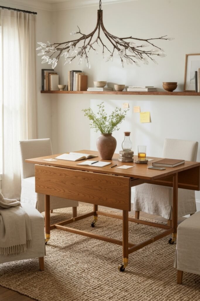 Design-Forward Ways to Style a Dining Room Office Combo 4 Light-filled dining room office combo with a drop-leaf table on wheels, linen chairs, and a rustic chandelier shaped like branches above.